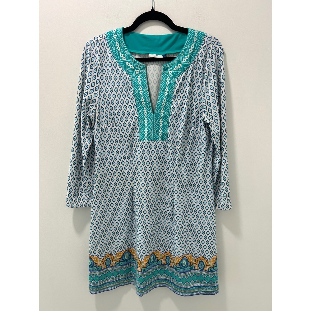 Cabana Life Womens Turquoise Geometric Embroidered V-Neck Shift Dress L 491-JS20